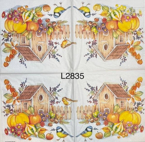 Fall (L2835) - Birdhouse with Pumpkins and a Blue and Yellow Bird Nearby