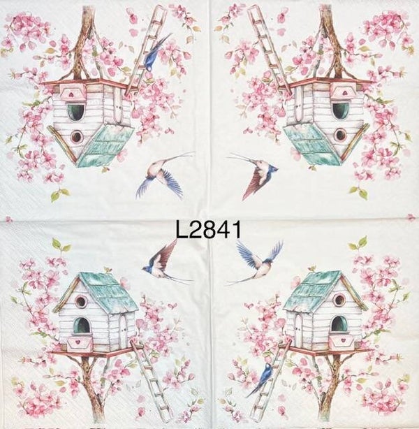 Birds (L2841) - Birdhouse Surrounded by Cherry Blossoms and a Couple of Blue Birds Flying