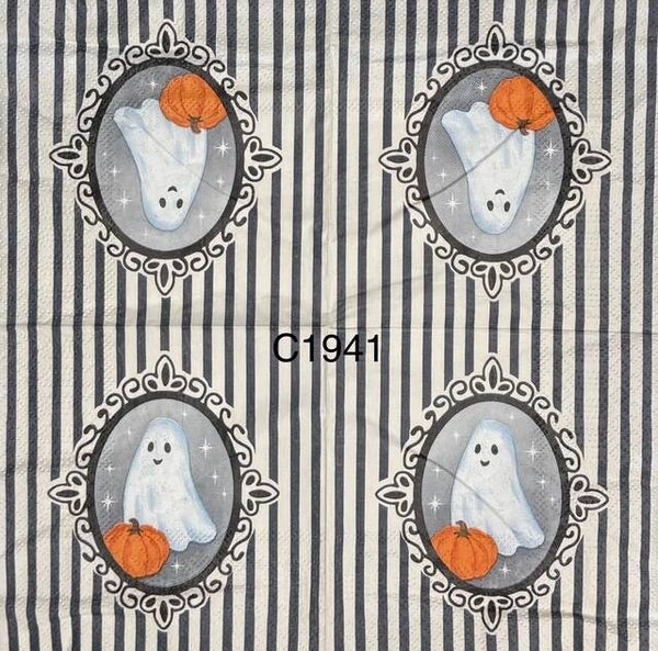 Halloween (C1941) - Cute White Ghost and Pumpkin in a Frame with Black and White Striped Background