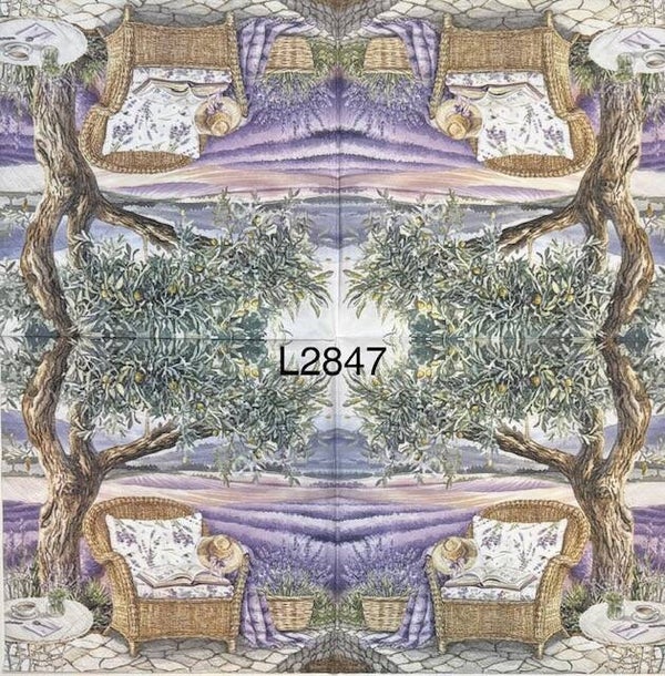 Scene (L2847) - Wicker Chair Under a Tree with a Lavender Filled Background