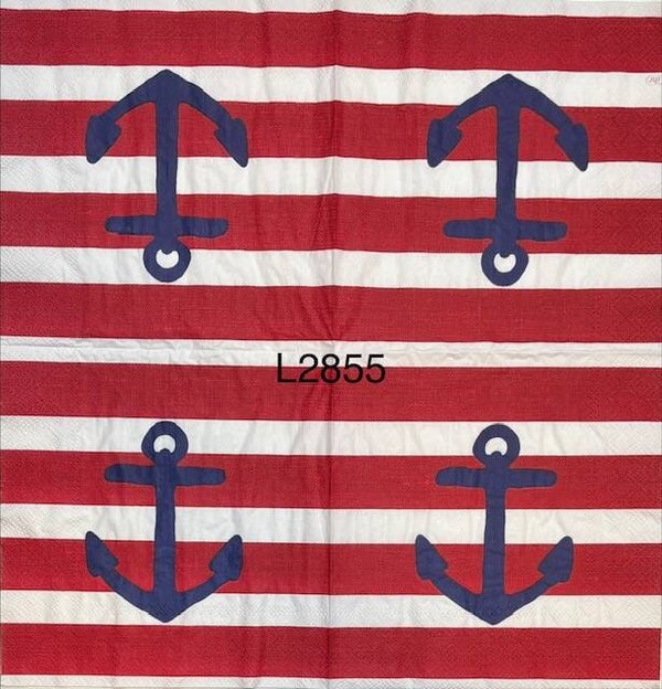 Beach (L2855) - Large Blue Anchor on a Red and White Striped Background