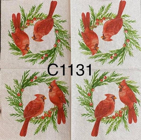 Christmas (C1131/1183/1189) - Two Cardinals Sitting on Wreath