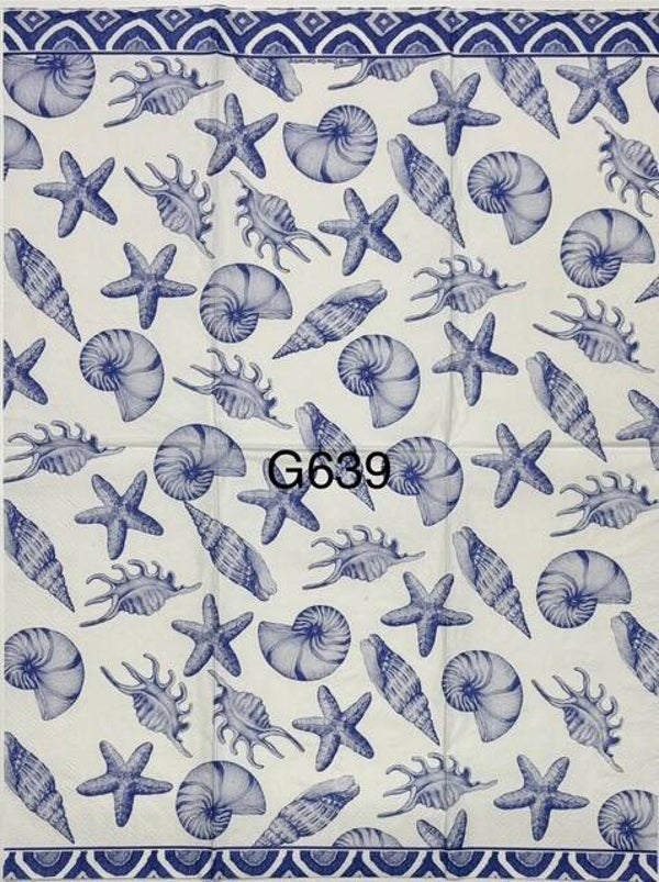 Beach (G639) - Blue and White Shells and Starfish with Blue Border
