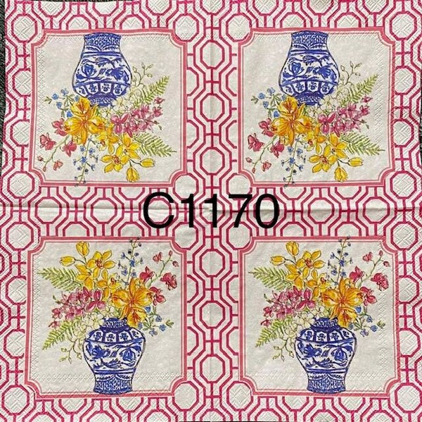 Flowers (C1170) - Blue Vase with Flowers Pink Border