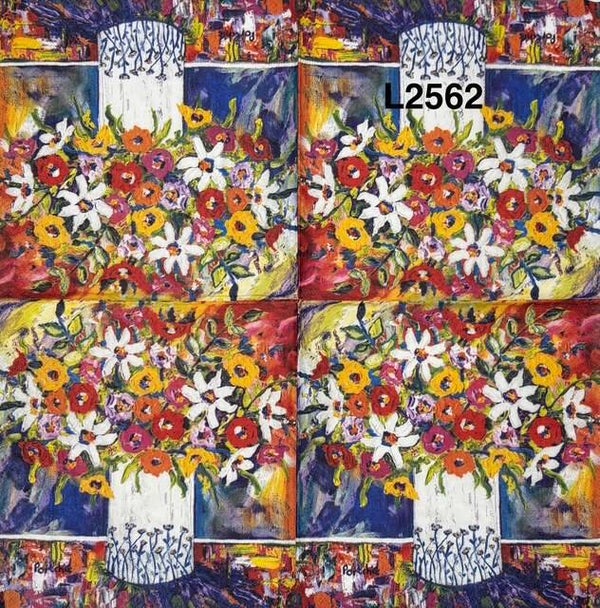 Flowers (L2562) - Colorful Bouquet of Flowers in Vase, with Blue/Yellow Background