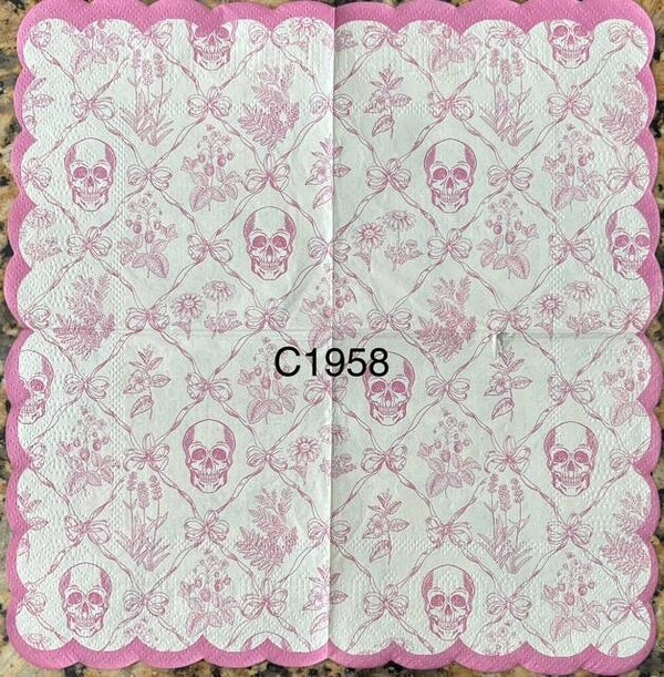 Halloween (C1958) - Pink and White Skull with Ribbons Wallpaper