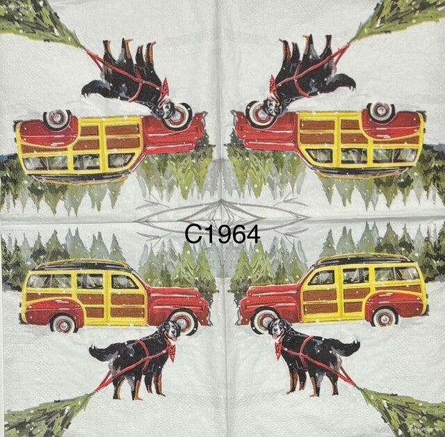 Christmas (C1964) - Black Dog Pulling a Tree to Station Wagon