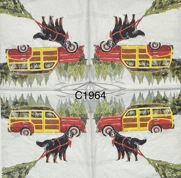 Christmas (C1964) - Black Dog Pulling a Tree to Station Wagon