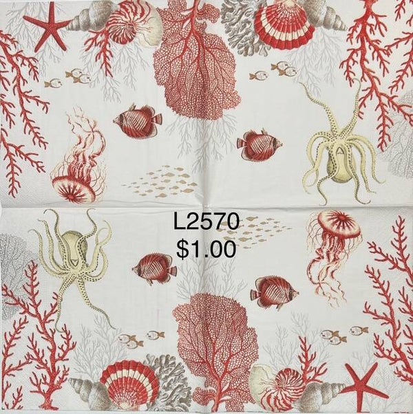 Beach (L2570/2469) - Octopus, Fish, Shells, Coral in Reds
