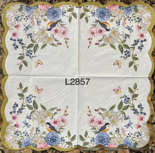 Flowers (L2857) - Variety of Flowers on Cornes of Napkin with a Bird