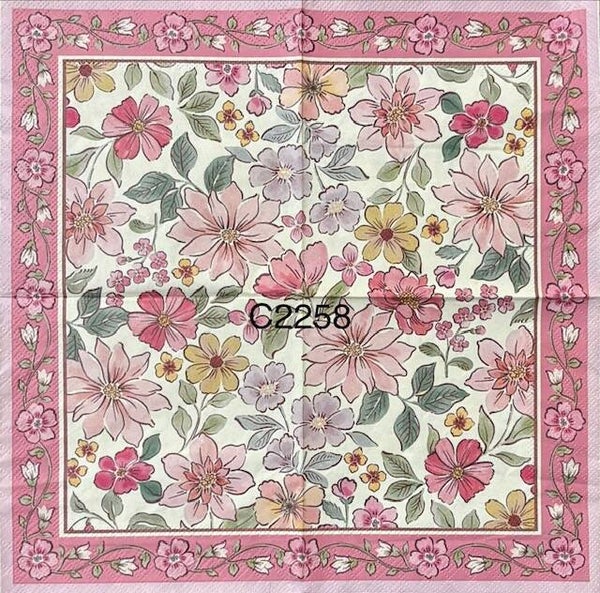 Flowers (C2258) - Pink, Purple, and Yellow Flowers with a Pink Flowered Border