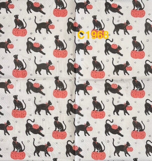 Halloween (C1968) - Black Cat Playing with Pumpkin Wallpaper