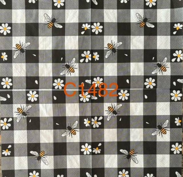 Bees (C1482) - Bees and Daisies Black and White Check Background