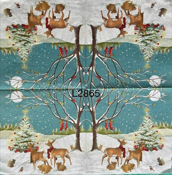 Christmas (L2865) - Two Deer, Two Rabbits and a Squirrel Looking at a Christmas Tree