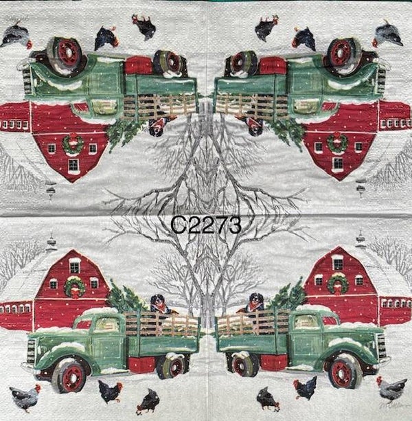 Christmas (C2273) - Green Truck by Red Barn with Dog in Trunk and Chickens on the Ground