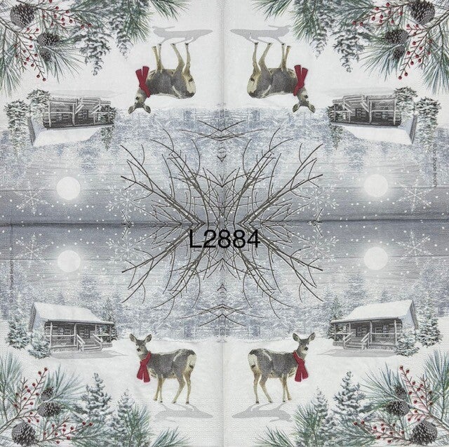 Deer (L2884) - Winter Deer in Front of a Cottage Surrounded by Snow