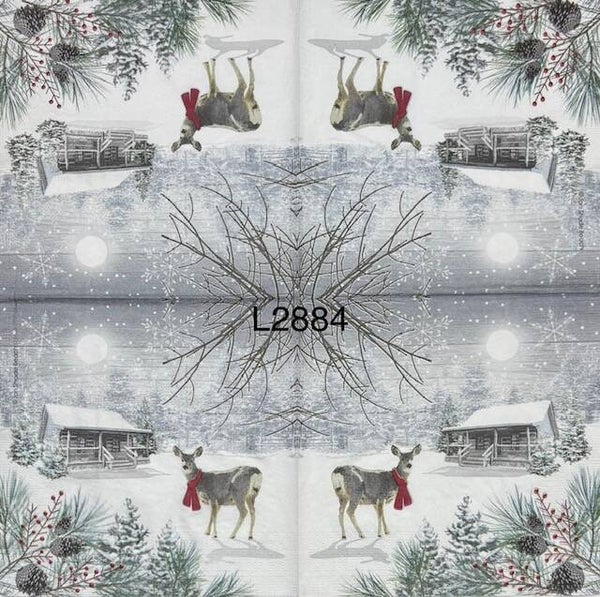 Deer (L2884) - Winter Deer in Front of a Cottage Surrounded by Snow