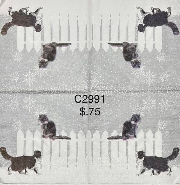 Cats (C2991) - Two Black Cats Outside by White Picket Fence