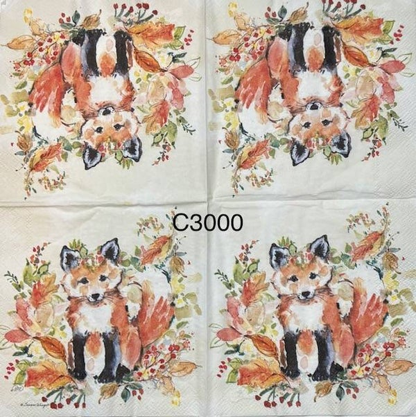 Animals (C3000) - Fall Fox Sitting with Fall Flowers/Leaves Around It