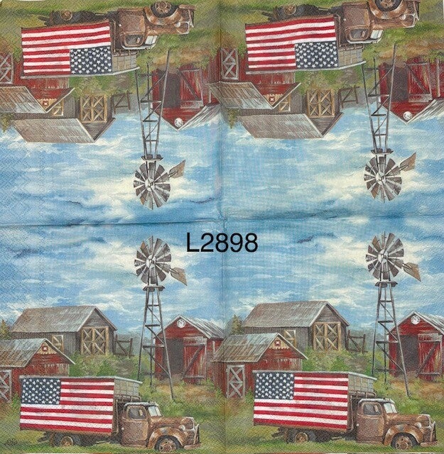 4th of July (L2898) - Red Barn, Windmill, and Red Truck with the American Flag