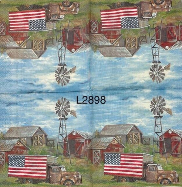 4th of July (L2898) - Red Barn, Windmill, and Red Truck with the American Flag