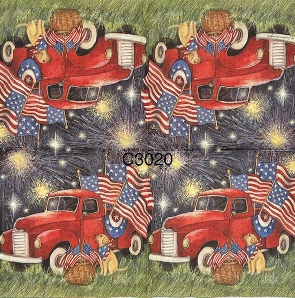 4th of July (C3020) - Red Truck with American Flags in the Back and a Dog on its Side