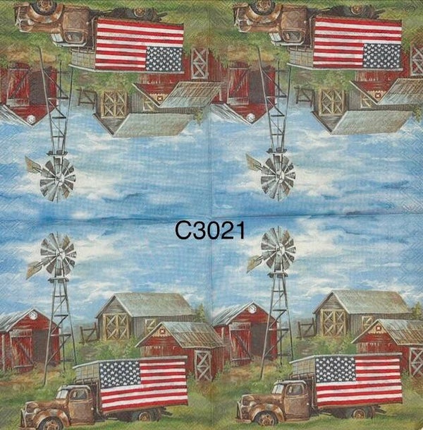 4th of July (C3021) - Red Barn, Windmill, and Red Truck with the American Flag