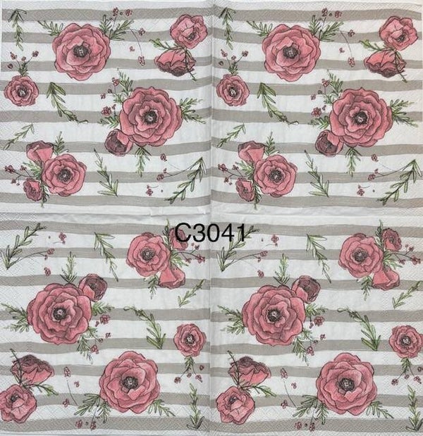 Flowers (C3041) - Pink Roses with a Gray and White Striped Background