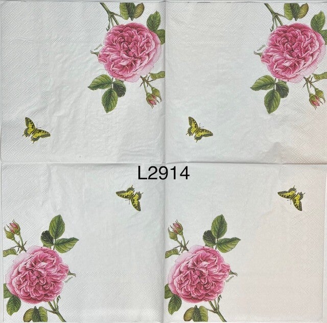 Flowers (L2914) - Pink Rose in Corner and a Yellow Butterfly