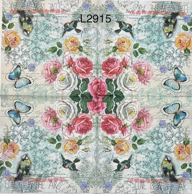 Flowers (L2915) - Red, Pink and White Roses with Butterflies and Birds