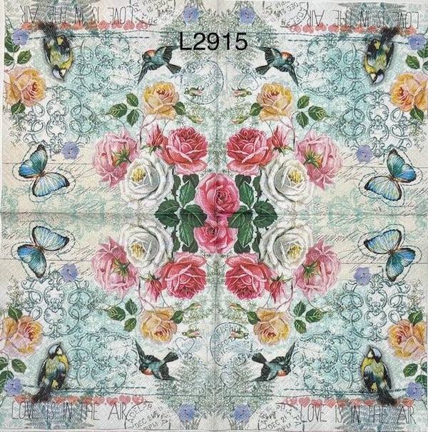 Flowers (L2915) - Red, Pink and White Roses with Butterflies and Birds