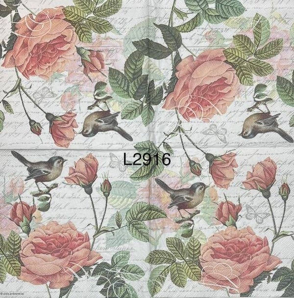 Flowers (L2916) - Pink Roses and Buds with a Bird and Script in the Background