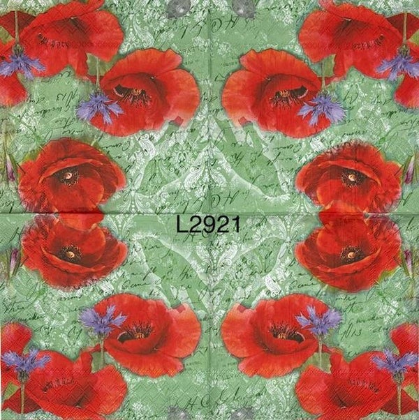 Flowers (L2921) - Red Poppies on a Green Background with Script