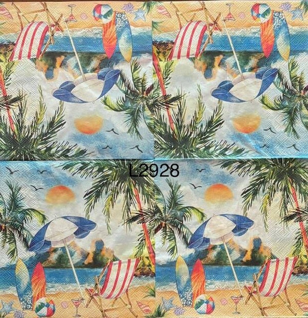Beach (L2928) - Beach Scene with Chair, Umbrella, Ball, Surfboards