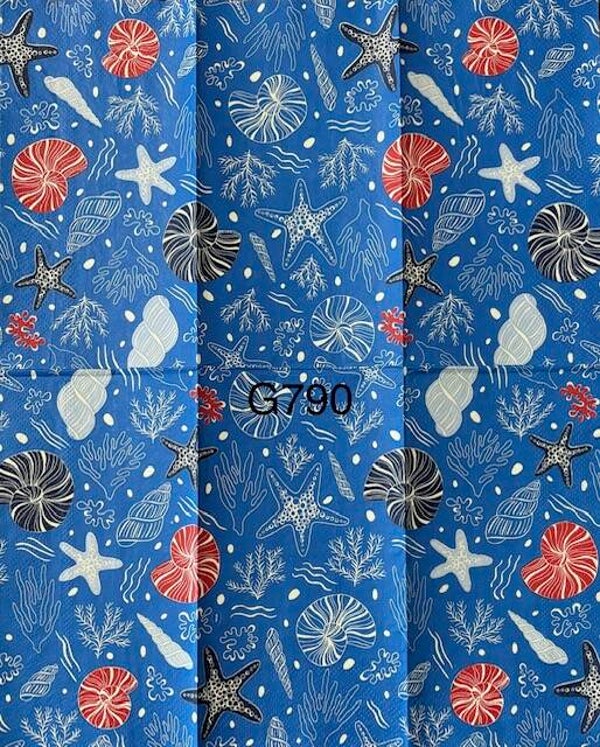 Beach (G790) - Shells and Starfish on a Blue Background