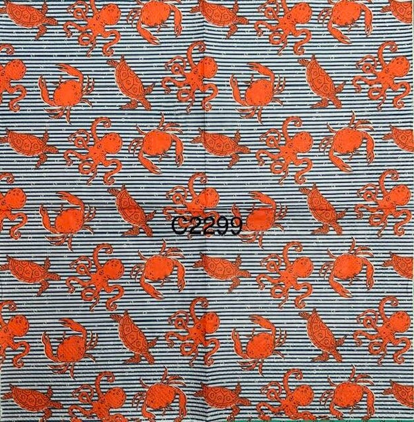 Beach (C2299) - Red Octopus, Turtles, Crabs with a Blue and White Striped Background