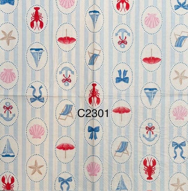 Beach (C2301) - Lobster, Anchor, Starfish, Sailboat, Shell, Ribbon in Portraits with a Light Blue and White Background