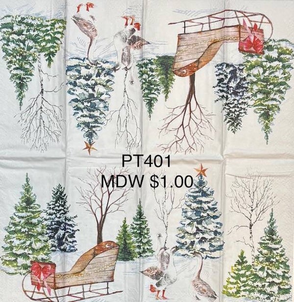 Christmas (PT401) - MDW Geese Next to Sled Outside with Lots of Pine Trees