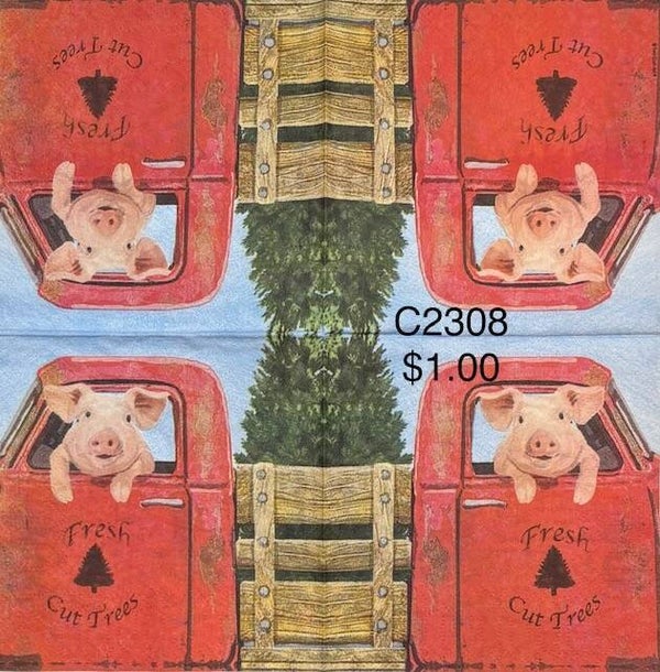 Christmas (C2308) - Pig in a Red Truck with Trees in the Back