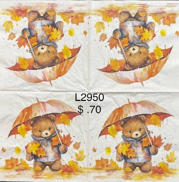 Fall (L2950) - Teddy Bear with an Umbrella and Fall Leaves