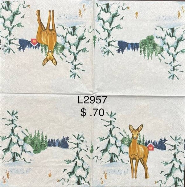 Christmas (L2957) - Deer in the Snow with a Red Barn in the Back and Snow Covered Trees Nearby