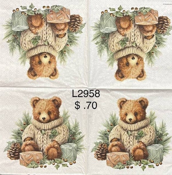 Winter (L2958) - Teddy Bear in a Sweater Sitting Down with Presents Around Him