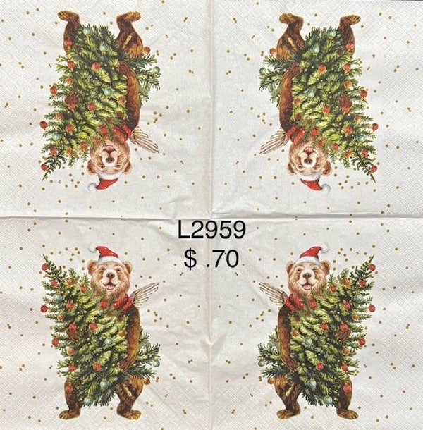 Christmas (L2959) - Brown Bear Wearing a Santa Hat, Carrying a Christmas Tree
