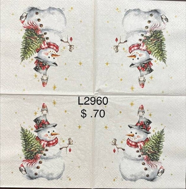 Christmas (L2960) - Snowman with a Penguin on his Black Hat, Carrying a Small Christmas Tree