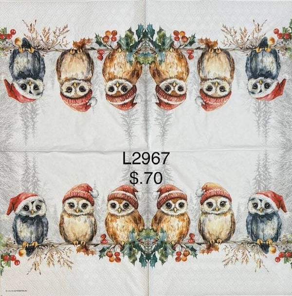 Christmas (L2967) - Three Owls on a Branch Wearing Hats