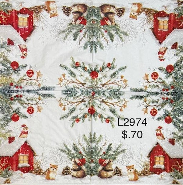 Christmas (L2974) - Small House with a BIrd on Roof, a Hedgehog on Ground, and a Squirrel on the Ground