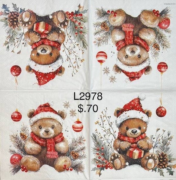 Christmas (L2978) - Teddy Bear Opening a Present (2 panels) and a Teddy Bear Sitting Wearing a Scarf and Hat