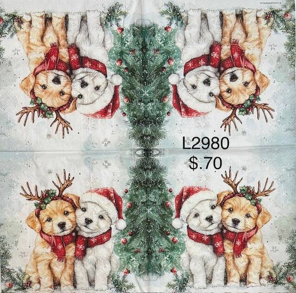 Christmas (L2980) - Two Puppies By a Christmas Tree