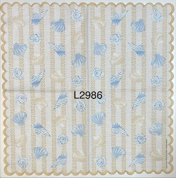 Beach (L2986) - Blue and Tan Shells on a Tan and White Striped Background