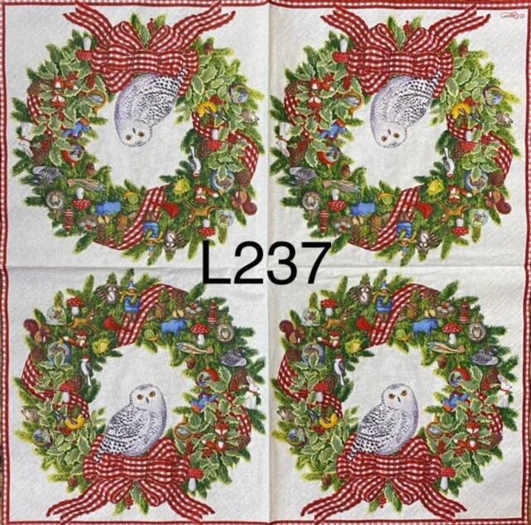 Christmas (L237) - Wreath with White Owl and Red Ribbon